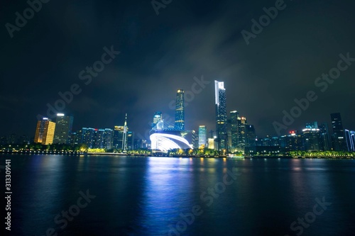  Guangzhou, China city skyline panorama over the Pearl River. 