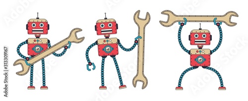 Retro robot with spanner. Vintage repair cybor hold wrench. Vector illustration.