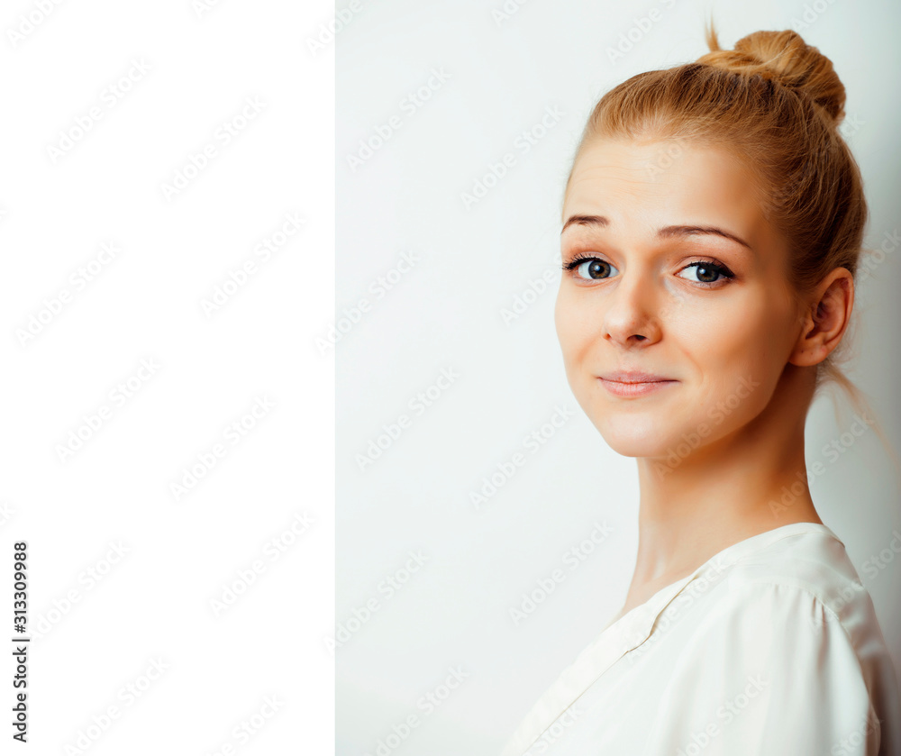 young blond woman on white backgroung gesture thumbs up, isolated emotional posing close up, lifestyle people concept young blond woman on white backgroung gesture thumbs up, isolated emotional posing close up, lifestyle people concept