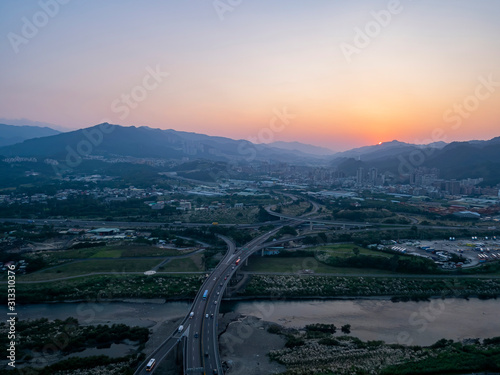 Sunset aerial shot of the New Taipei City cityscape