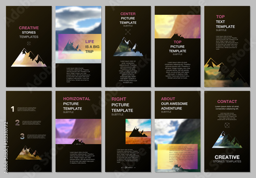Creative social networks stories design, vertical banner or flyer template. Covers design templates for flyer, brochure. Background for tourist camp, nature tourism, camping. Aadventure design concept