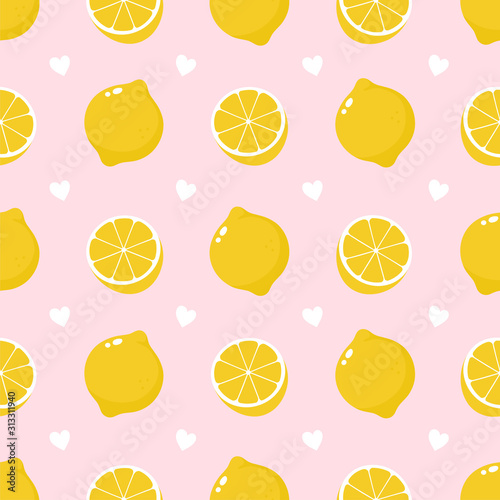Cute lemon fruit and hearts seamless pattern