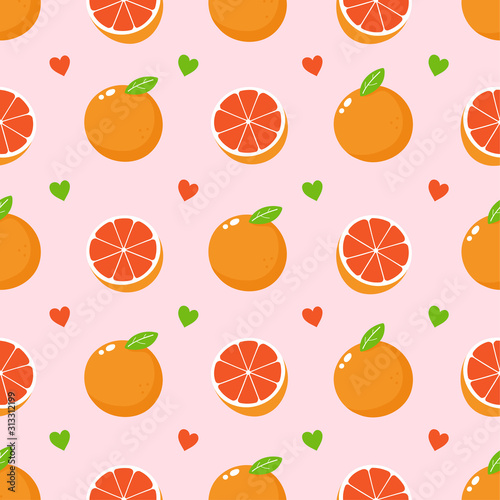 Cute grapefruit fruit and hearts seamless pattern