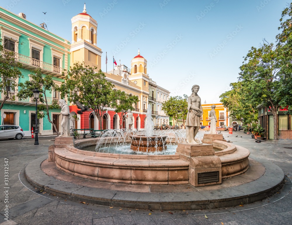 Plaza de Armas, town square with fountain in the city centre of Old San Juan, Puerto Rico.