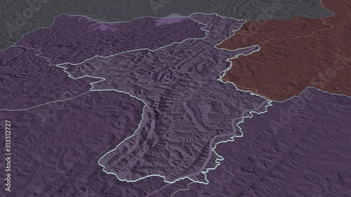 Muyinga, province with its capital, zoomed and extruded on the administrative map of Burundi in the conformal Stereographic projection. Animation 3D photo