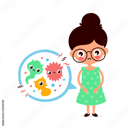 Young sick woman having stomach ache, food poisoning, stomach problems, abdominal pain. Vector flat cartoon character illustration.Medical,bacteria, germs concept