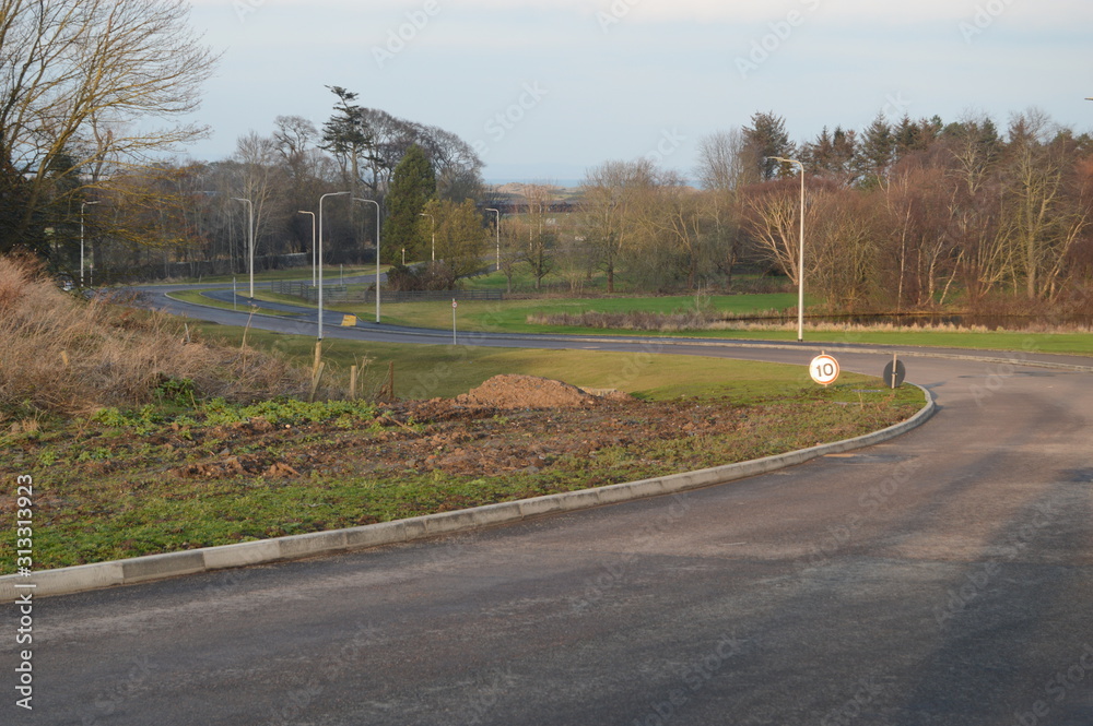 New road leading to the long awaited new Madra College, St Andrews, Fife, Scotland, New Years Day 2020