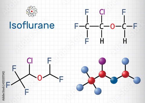 Isoflurane molecule, is inhalation anesthetic used for general anesthesia. Structural chemical formula and molecule model. Sheet of paper in a cage