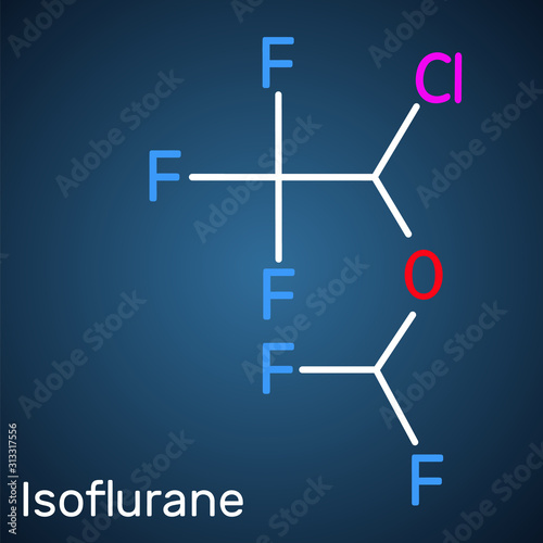 Isoflurane molecule, is inhalation anesthetic used for general anesthesia. Structural chemical formula on the dark blue background.