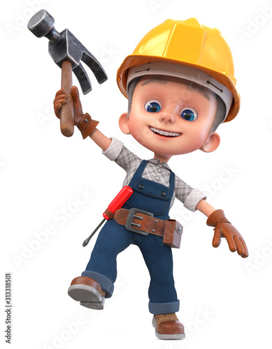 3D illustration funny boy in construction helmet and overalls/3D illustration Construction worker in overalls with a hammer and a screwdriver
