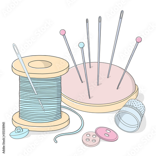 Spool of thread and buttons and needles for sewing. Needlework and hand made themes.