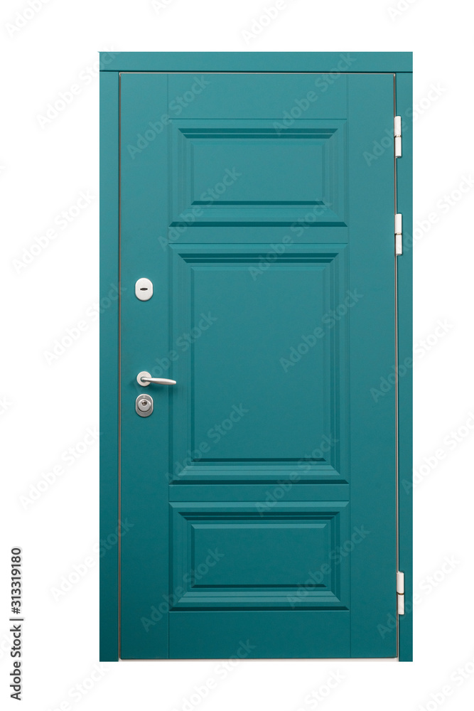 Turqoise wooden door isolated on white background