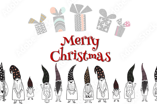 Merry Christmas letters, Seasons greetings , cute Christmas gnomes in hand - drawn scandinavian hats.