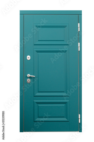 Turqoise wooden door isolated on white background