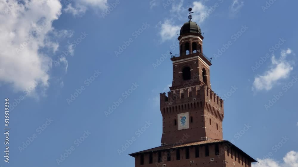 Milan, Italy - April, 2019 - Medium shot of Sforza Castle (Castello Sforzesco). Milan, Italy - April, 2019 - Medium shot of Sforza Castle (Castello Sforzesco).