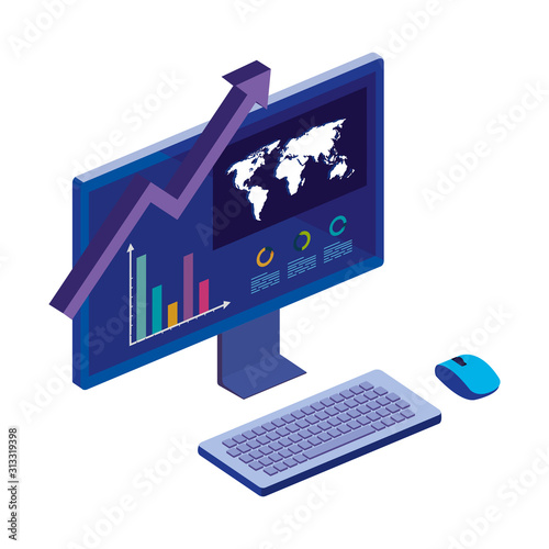 computer desktop with statistic graph and map vector illustration design