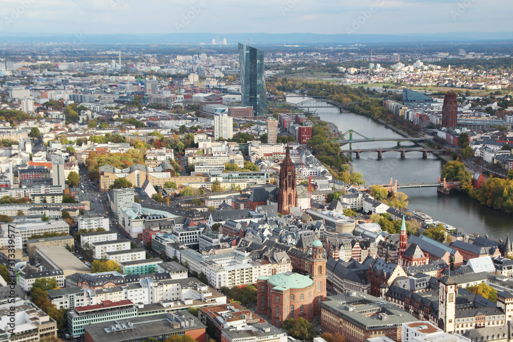 Panoramic view from observation point from Main Tower to Frankfurt and suburbans, Germany