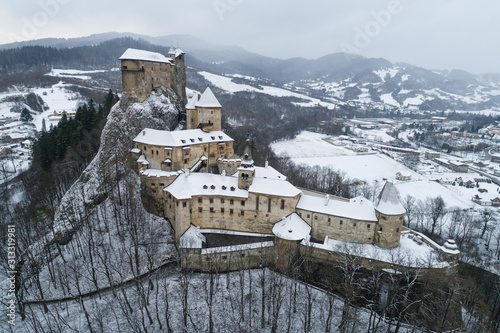 Aerial view of Orava Castle in winter, Oravsky Podzamok, Slovakia photo