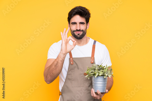 Gardener man with beard over isolated yellow background showing an ok sign with fingers