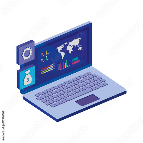 laptop computer with infographics and app menu vector illustration design