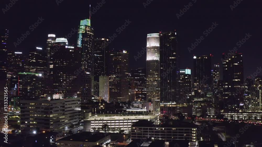 Aerial night view of downtown Los Angeles in California Aerial night view of downtown Los Angeles in California
