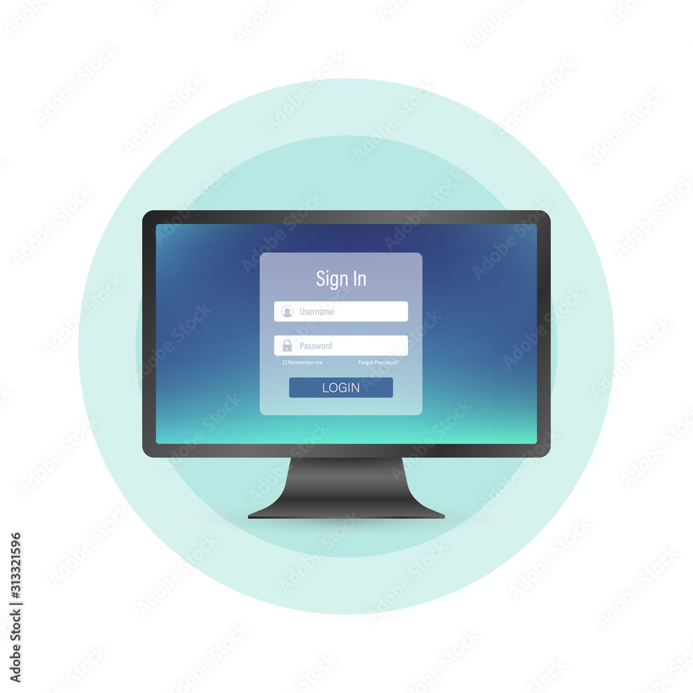 Login page on computer screen. Pc and online login form, sign in page. User profile, access to account concepts. Vector stock illustration..