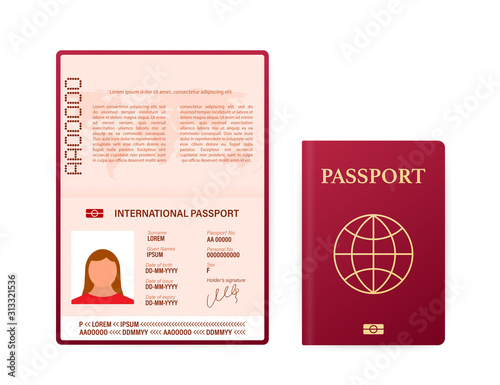 Blank open passport template. International passport with sample personal data page. Vector stock illustration.