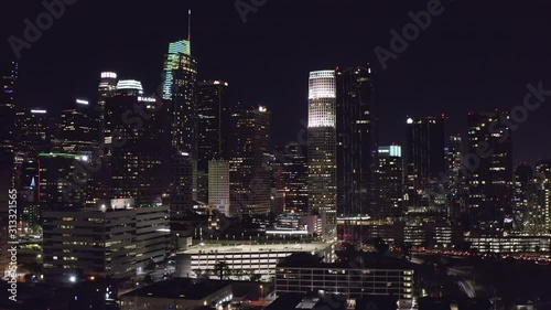 Aerial night view of downtown Los Angeles in California
