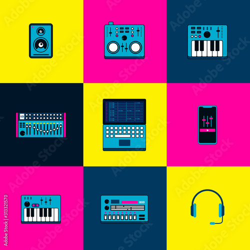 Electronic music objects. Collection of instruments used to create electronic dance music, synthesizer, drum machine, mixing table, midi keyboard, smartphone and headset. Vector illustration.