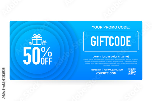 Template red and blue gift card. Promo code. Gift Voucher with Coupon Code. stock illustration.