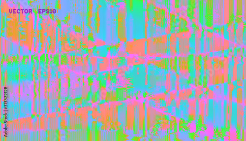 Template of a vector background with holographic neon colors with screen glitch VHS effect. Hipster style.