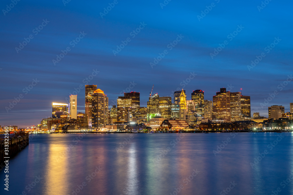 Fototapeta premium Night Time Long Exposure of Downtown Boston From Across the Bay