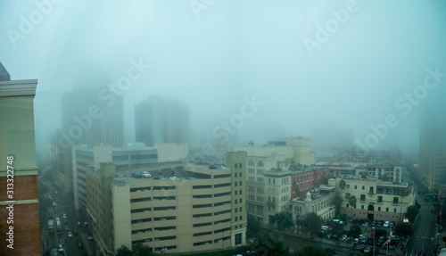 Aerial View of Downtown San Antonio With Dense Fog and Rain photo