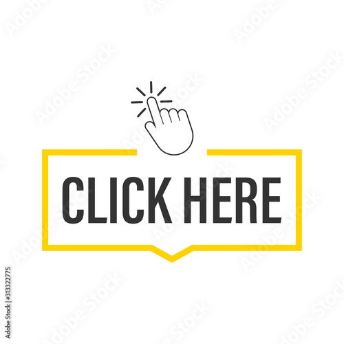 Click here button with hand pointer clicking. Vector stock illustration.