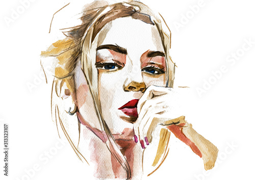 Slika na platnu Modern Young blonde woman portrait hand drawn watercolor illustration