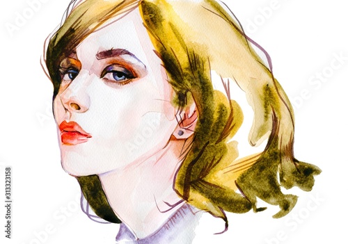 Modern Young blonde woman portrait hand drawn watercolor illustration