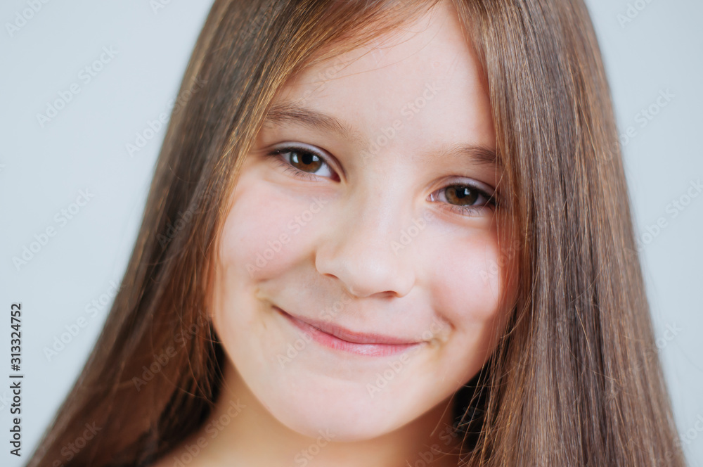 Little girl face portrait in Girl child brush hair in fashionable dress Little girl face portrait in Girl child brush hair in fashionable dress
