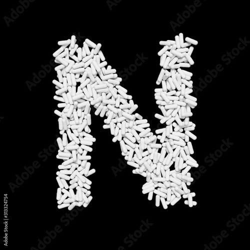 White Capsule Pill Font Letter N 3D Rendered on Black