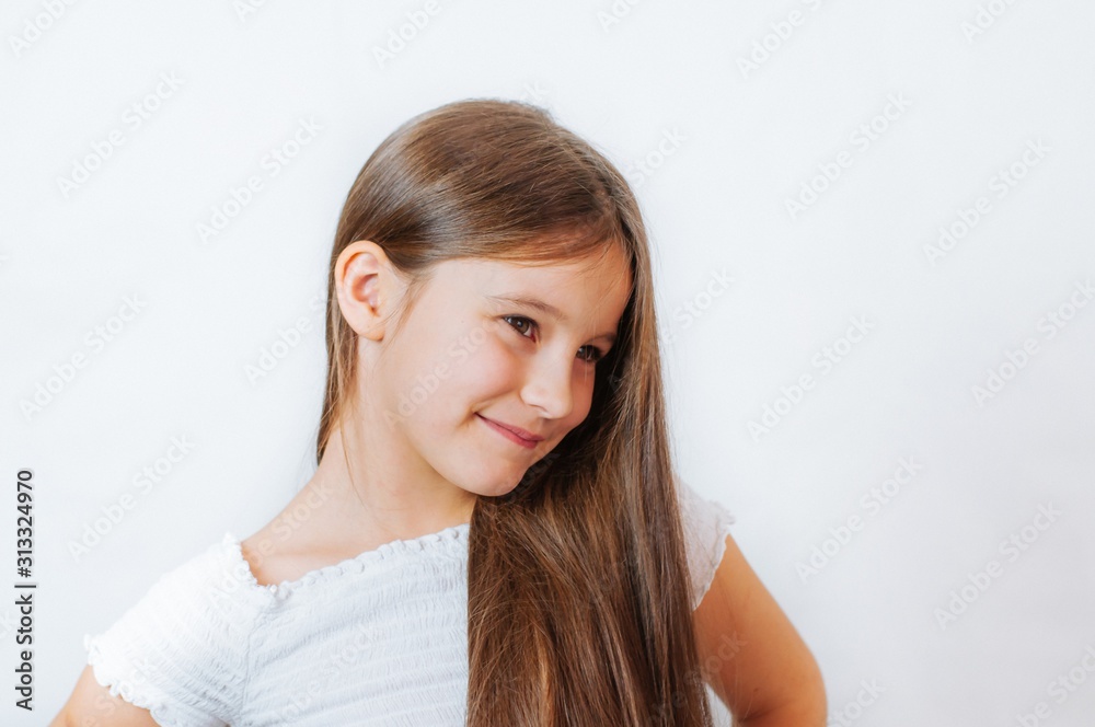 Little girl face portrait in Girl child brush hair in fashionable dress Little girl face portrait in Girl child brush hair in fashionable dress