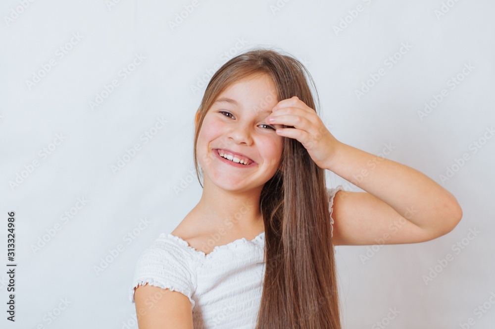 Little girl face portrait in Girl child brush hair in fashionable dress Little girl face portrait in Girl child brush hair in fashionable dress