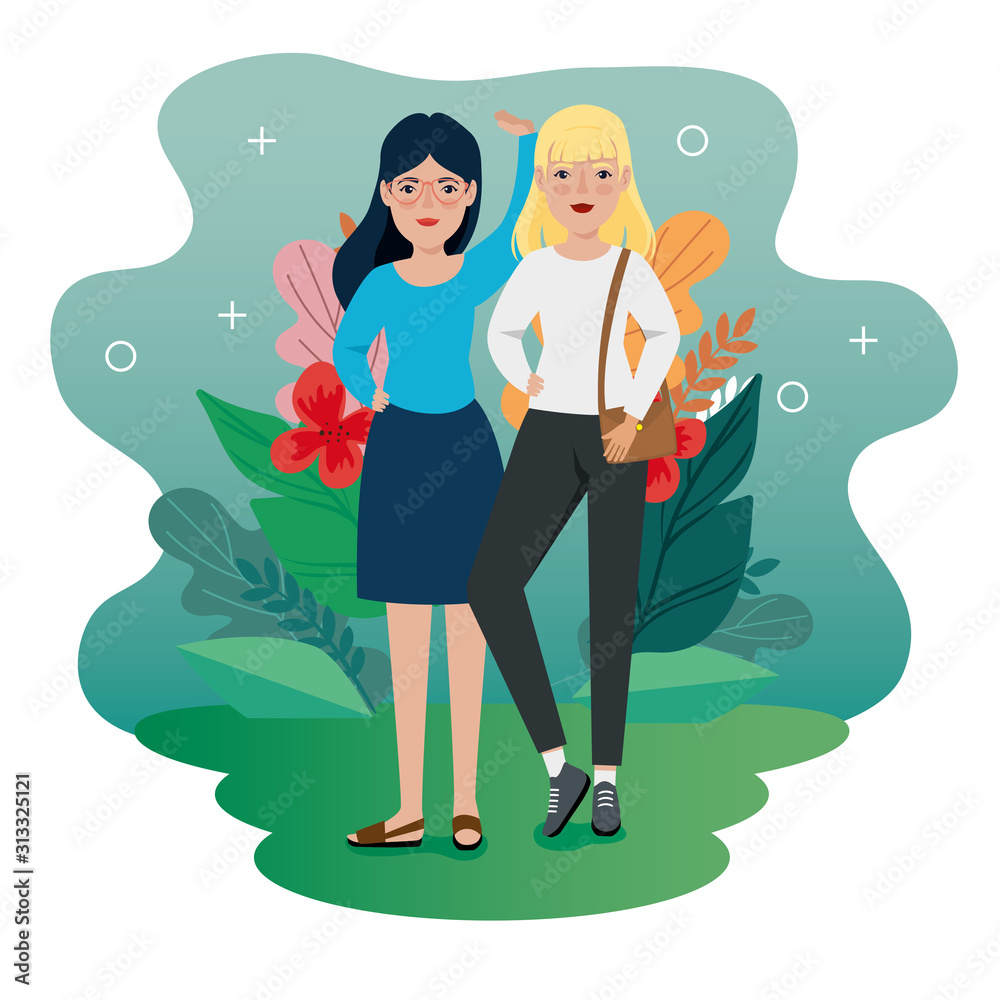 women standing with handbag and leafs tropicals vector illustration design women standing with handbag and leafs tropicals vector illustration design