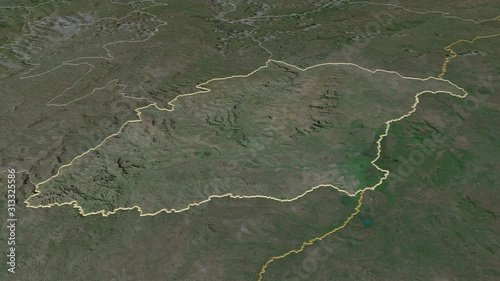 Rutana, province with its capital, zoomed and extruded on the satellite map of Burundi in the conformal Stereographic projection. Animation 3D photo