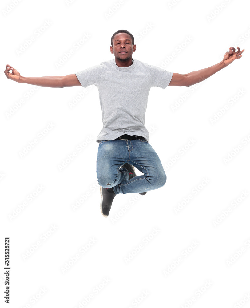 happy guy jumping with happiness . isolated on white happy guy jumping with happiness . isolated on white