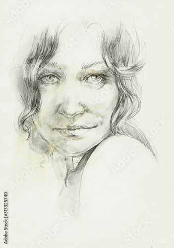abstract portrait of a beautifull curly woman pencil drawing
