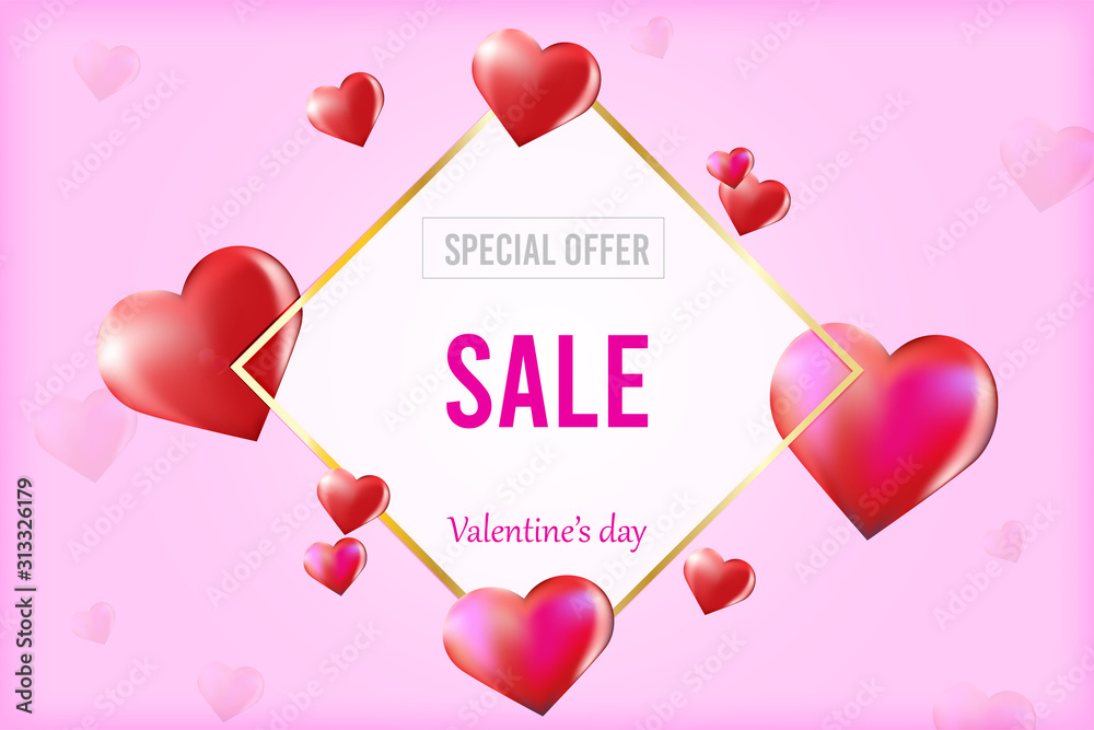 3d vector saint valentine s day golden frame on colourful background with vector hearts. Concept sale special offer