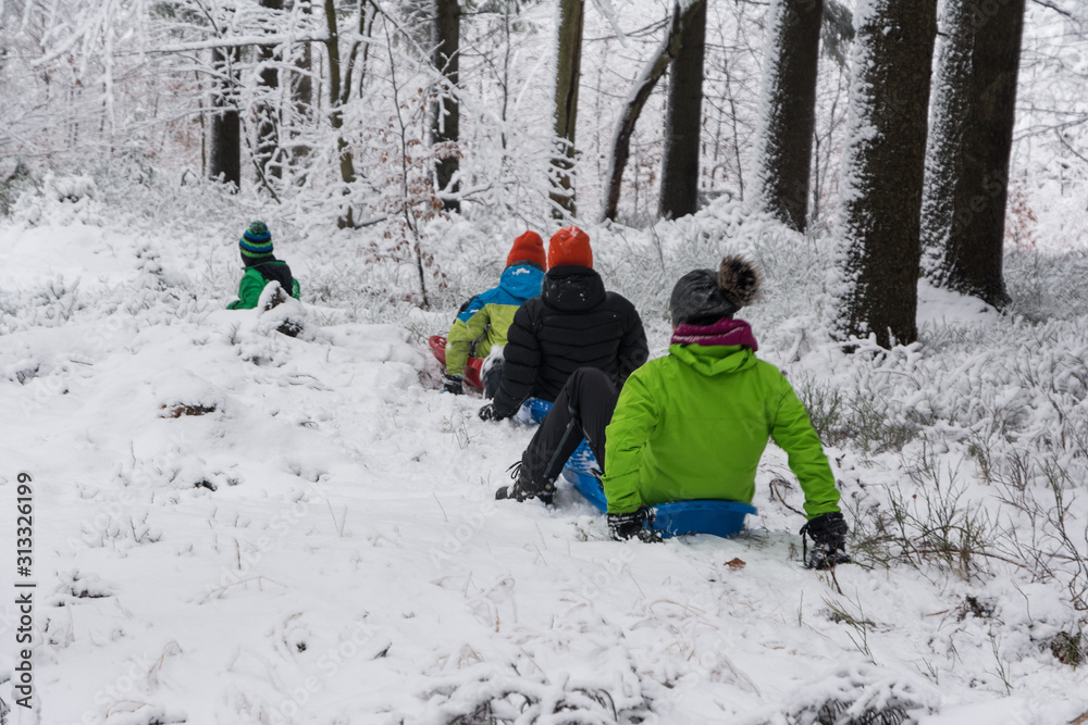children riding on sled in snowy forest