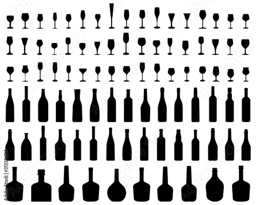 Silhouettes of glasses and bottles of wine on a white background, vector