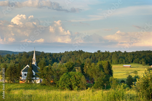 Beautiful Rural Landscape with White Church in th Quebec Mountains