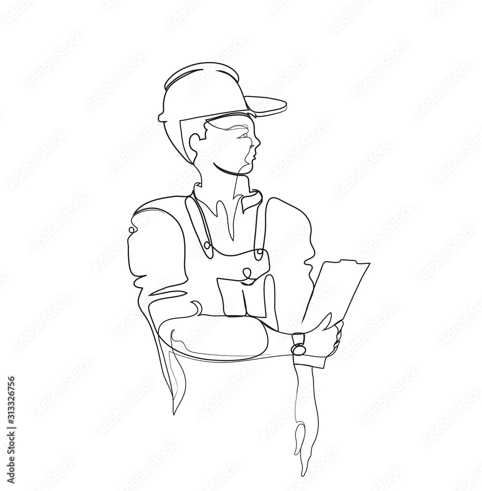 One continuous line drawing of construction building site foreman. Simple line art drawing of  foreman controlling building development .