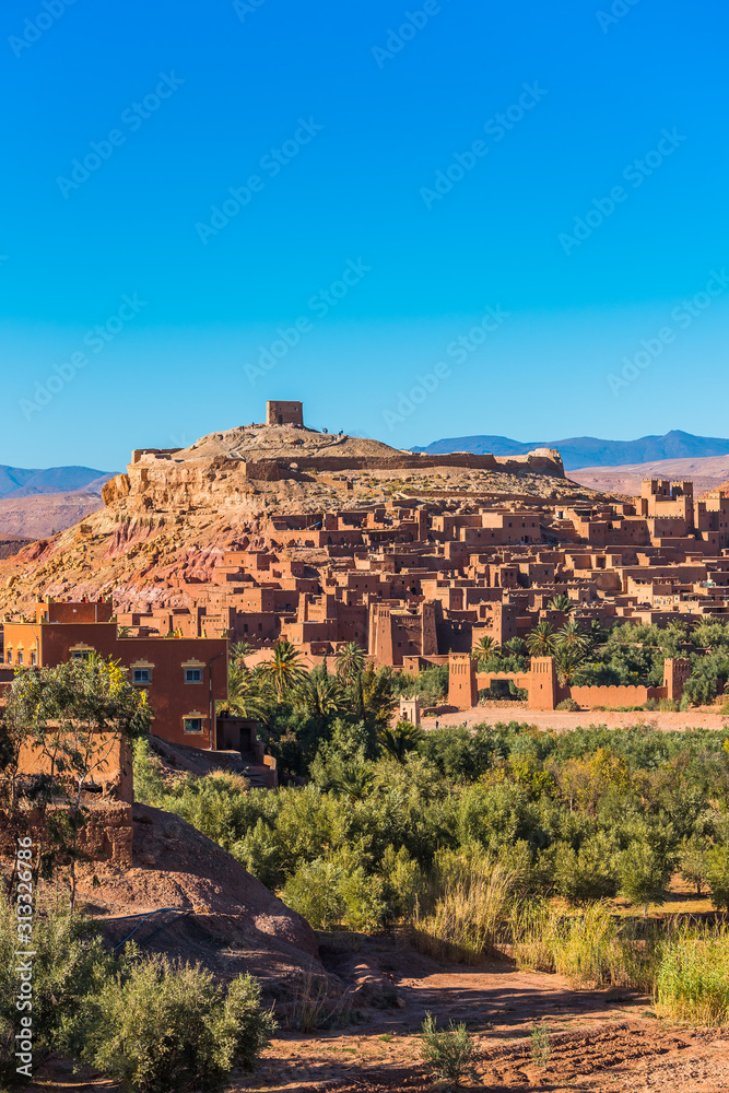 View of the fortified city of Ait-Ben-Haddou, Morocco. Vertical. Copy space for text.